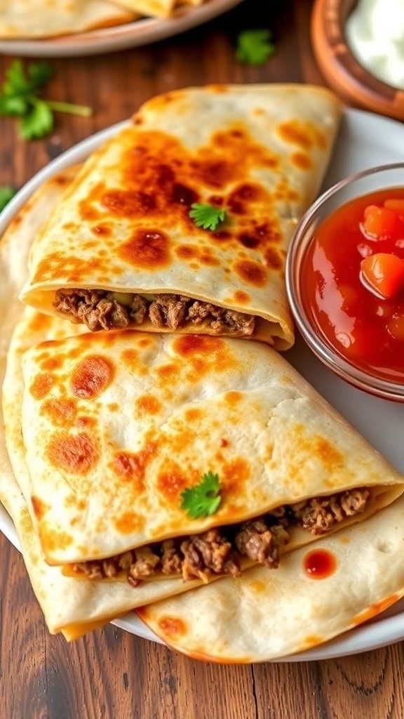 Golden brown beef quesadilla cut into wedges, served with salsa and sour cream on a rustic table.
